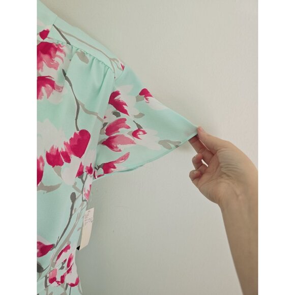 Alex Marie Elise Mint Green Pink Floral Flutter Sleeves V-Neck Dress 12 Large L - Picture 5 of 13